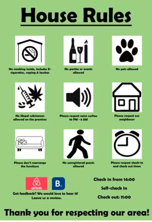 House rules poster displaying accommodation policies and guest expectations clearly