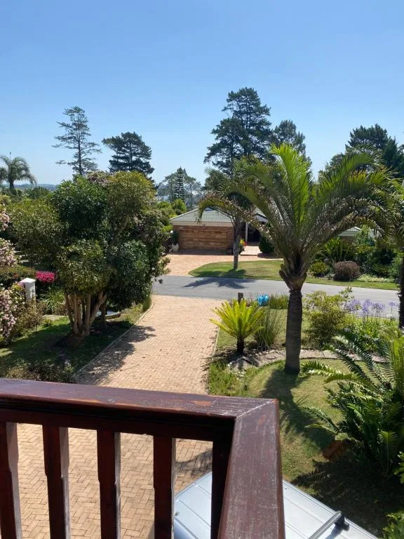 Curved driveway lined with tropical palms and manicured gardens leading to wooden garage