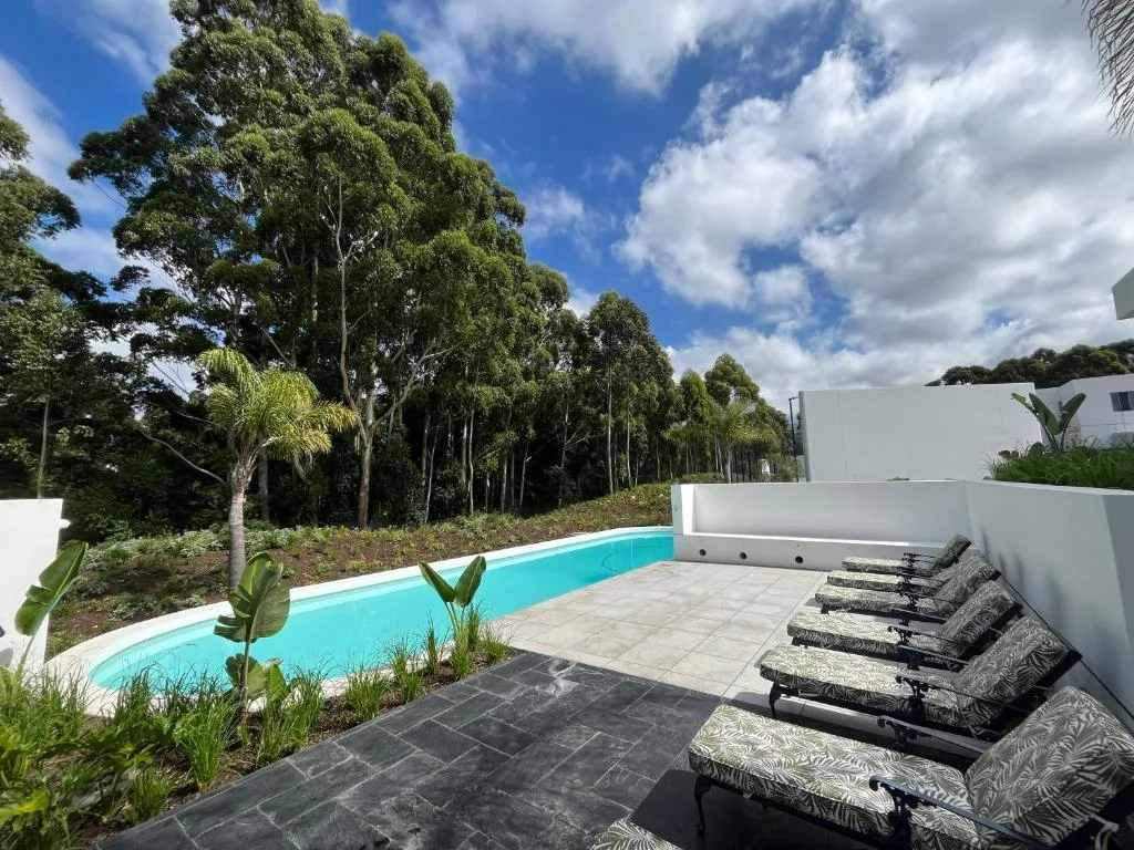 Turquoise swimming pool with loungers overlooking tree-lined landscape and mountains