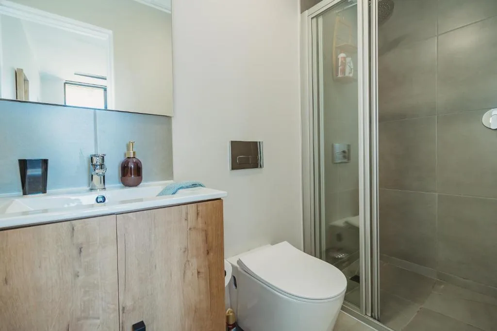 Modern bathroom with vanity, mirror, toilet, and walk-in shower enclosure