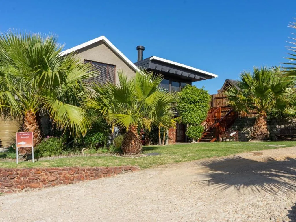 Modern villa with palm trees, gravel driveway, and wooden deck under blue sky