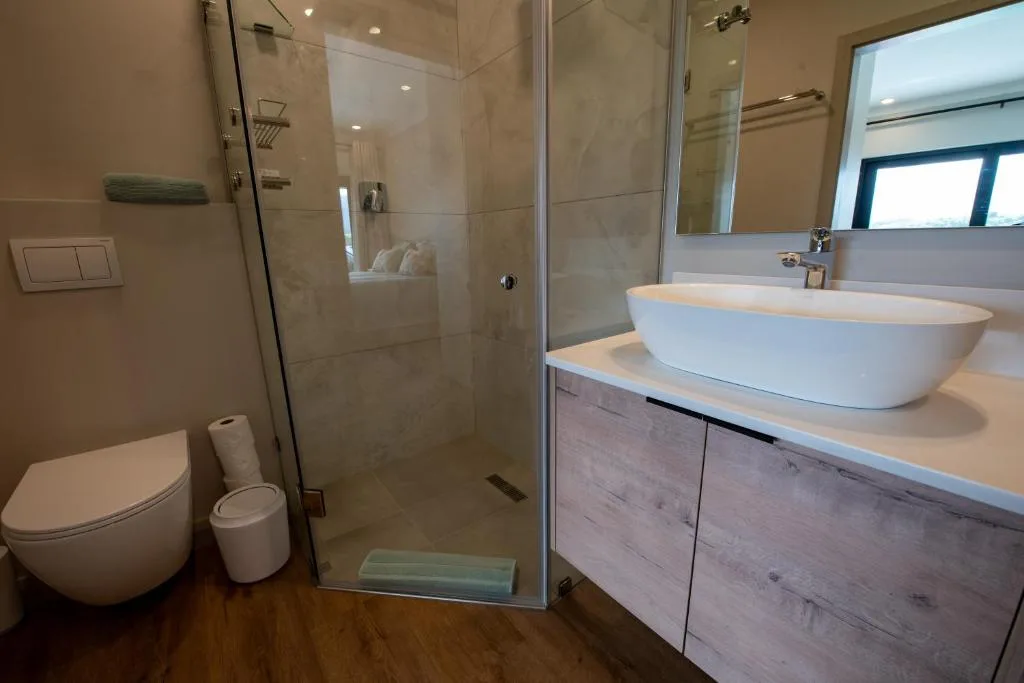 Modern bathroom with white vessel sink, glass shower enclosure, and toilet