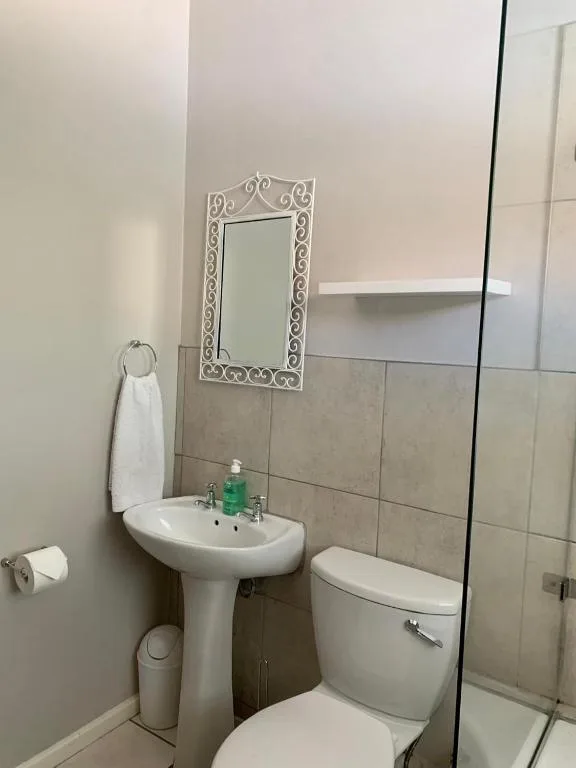 Modern bathroom with pedestal sink, decorative mirror, and glass shower enclosure