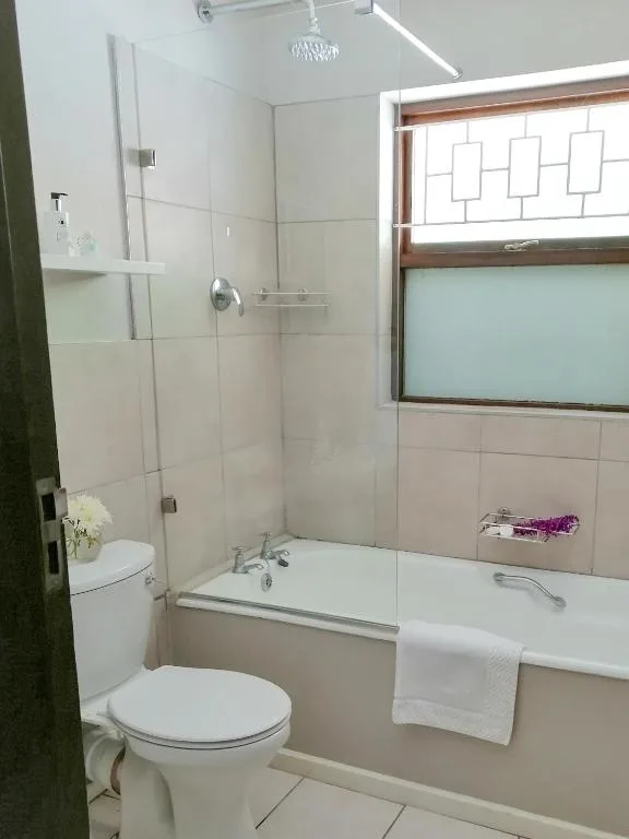 Modern bathroom with shower enclosure, toilet, and bathtub with towel rack