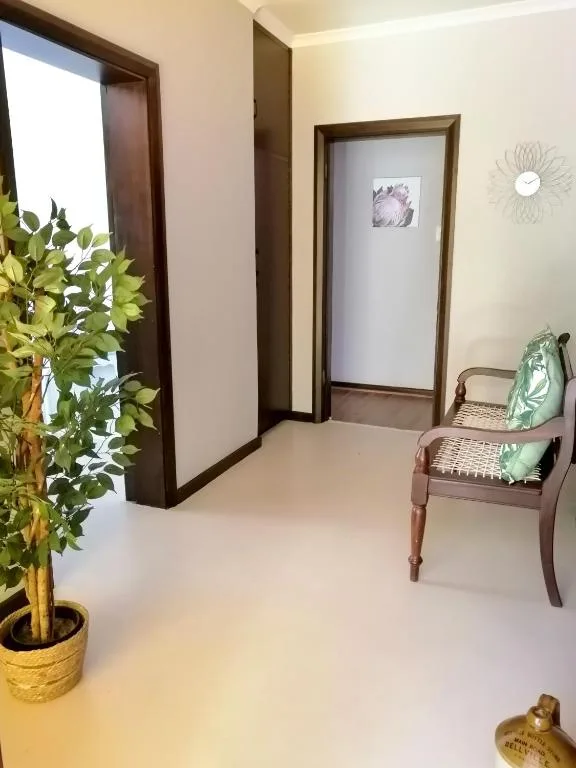 Bright hallway with potted plant, wooden-framed doors, and decorative chair