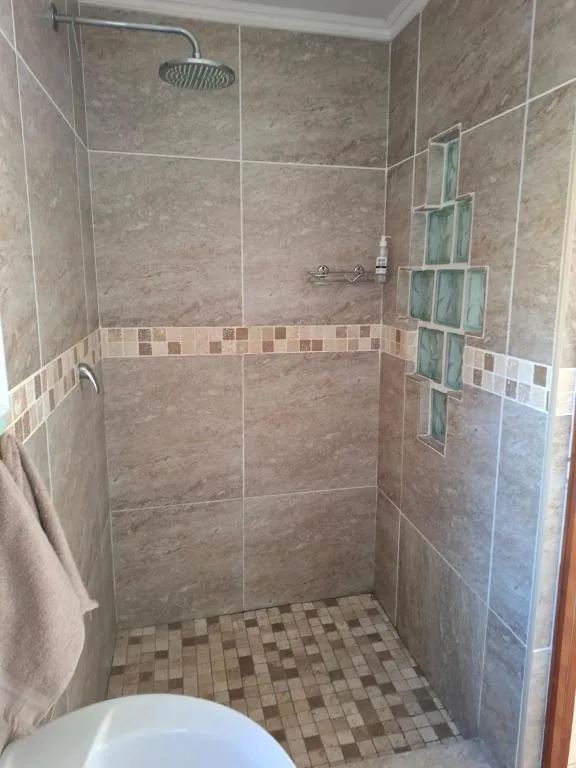 Modern walk-in shower with rainfall showerhead, tiled walls, and built-in niche shelving