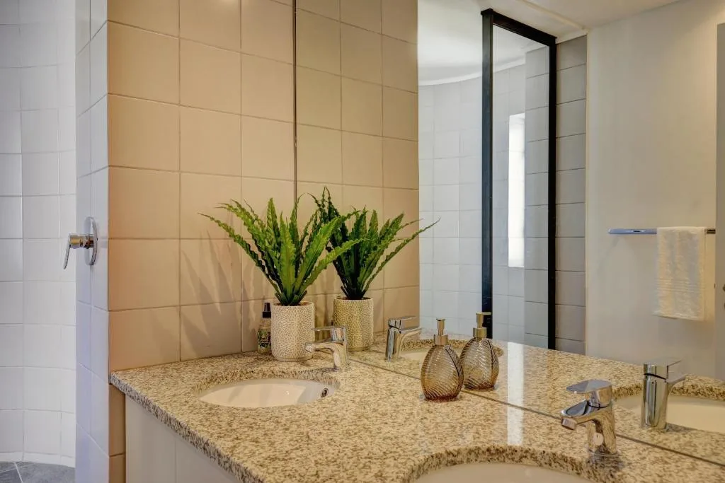 Modern bathroom vanity with granite countertop, decorative plants, and framed mirror