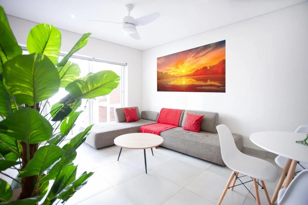 Modern living room with gray sofa, red cushions, potted plant, and sunset artwork
