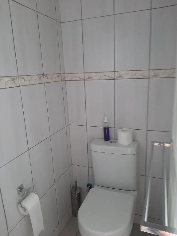Clean white-tiled bathroom with toilet, tank, and toilet paper holder