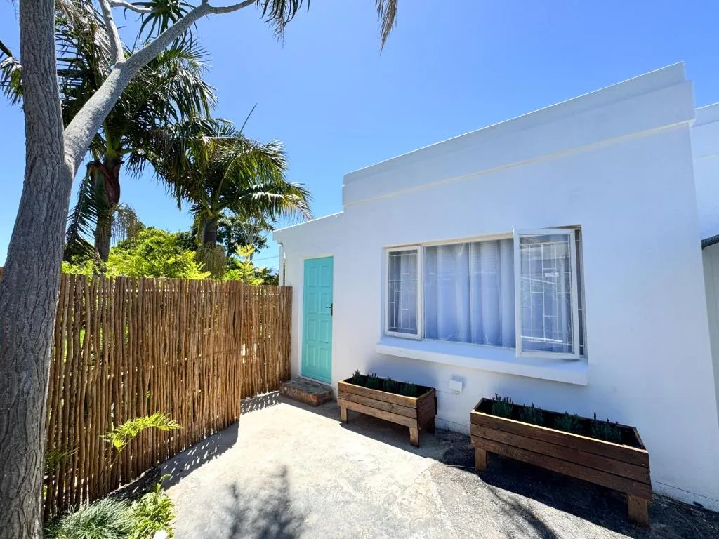 White modern cottage with turquoise door and large windows, surrounded by palms