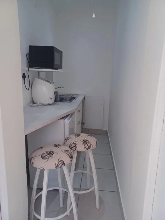 Compact kitchenette with bar seating and mounted television