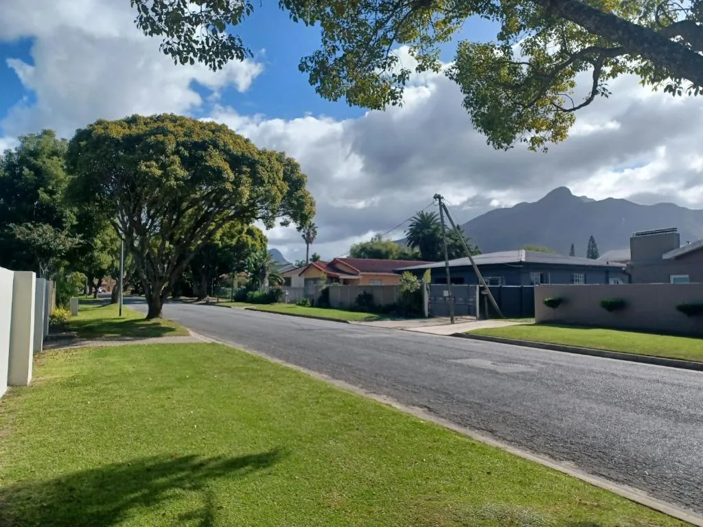 Tree-lined driveway with mountain views and manicured gardens