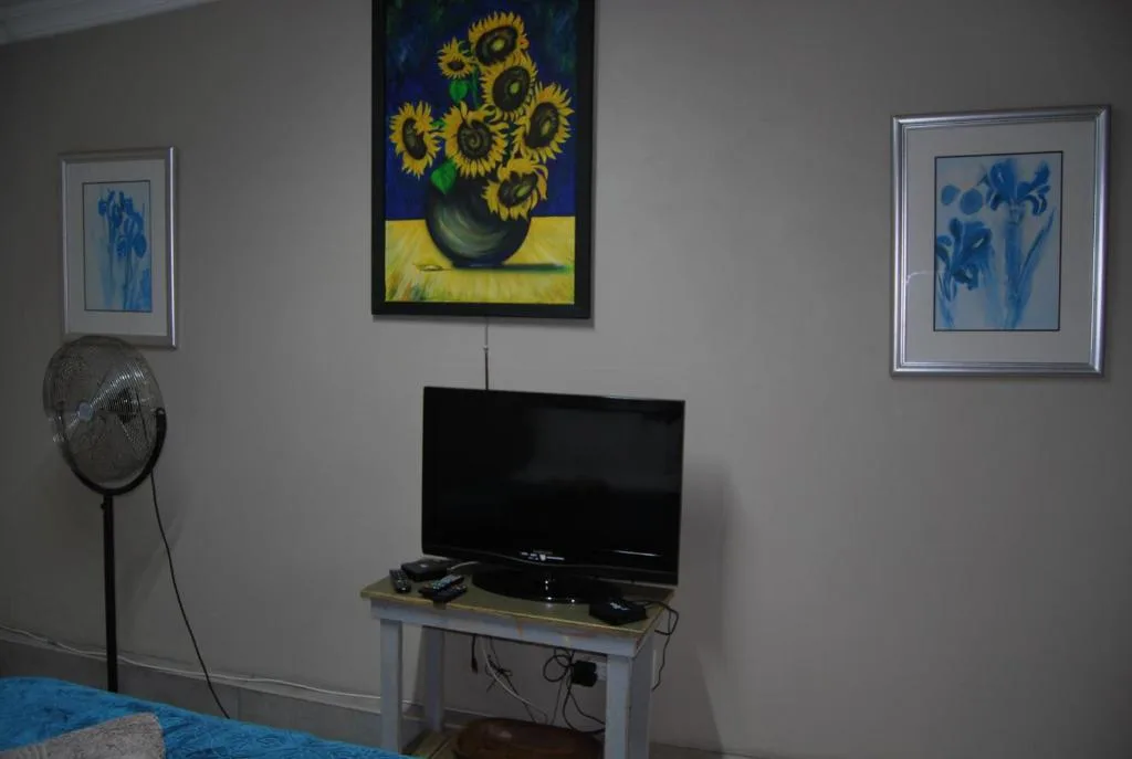 Bedroom wall with framed artwork, TV stand, and standing fan decor