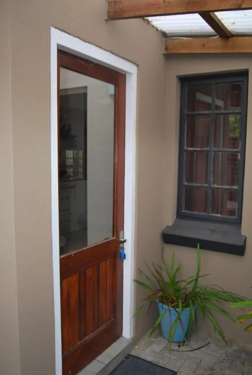 Front entrance door with red wood frame and potted plant beside it