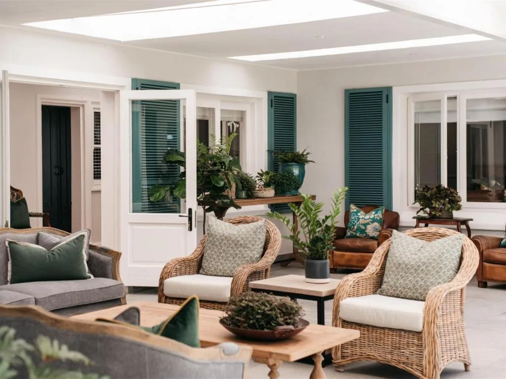 Bright modern lounge with wicker chairs, green shutters, potted plants throughout
