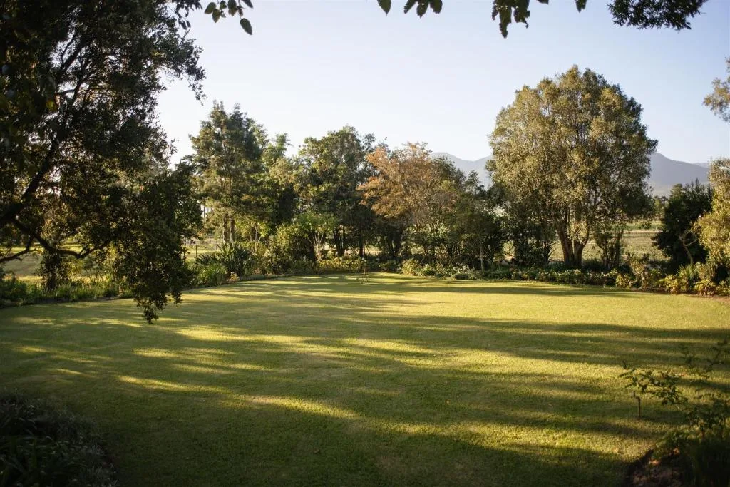 Lush green gardens and mature trees with distant mountain views