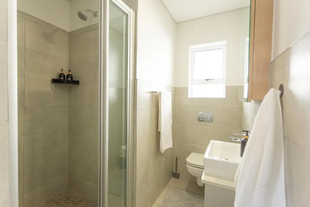 Modern bathroom with walk-in shower, toilet, and vanity sink